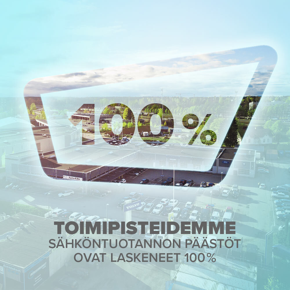 Kuvion sisässä 100 %, alla teksti toimipisteidemme sähköntuotannon päästöt ovat laskeneet 100 %