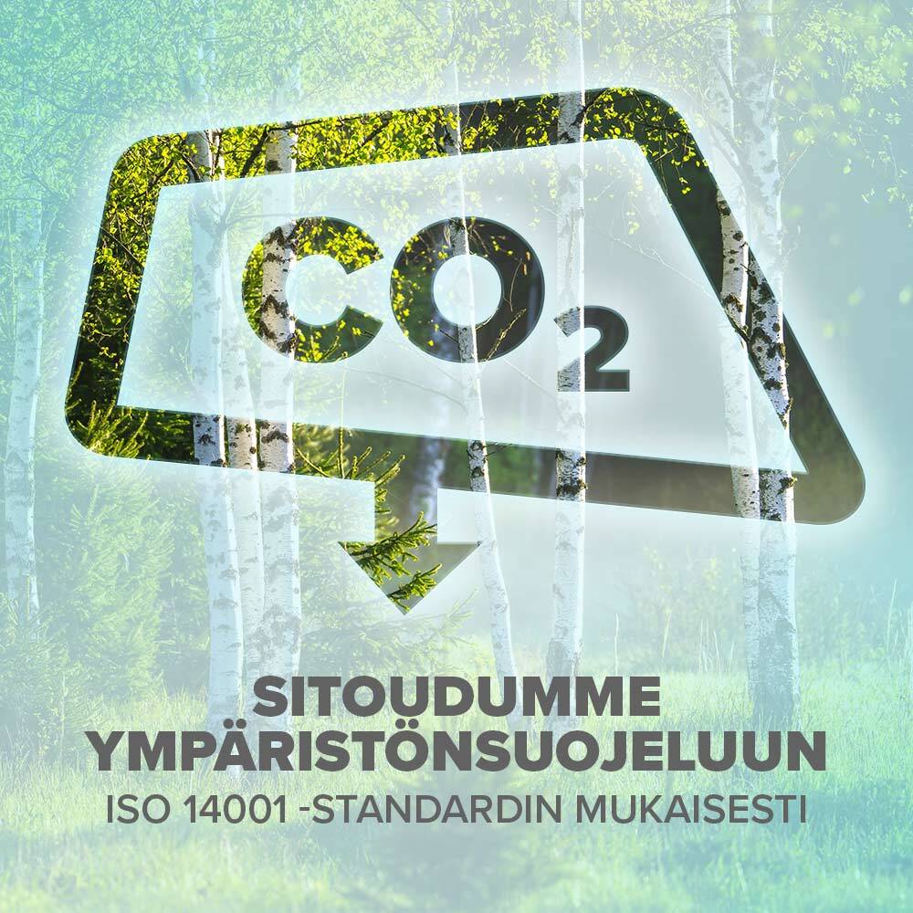 Kuvion sisällä CO2, alla teksti sitoudumme ympäristönsuojeluun ISO 14001 -standardin mukaisesti